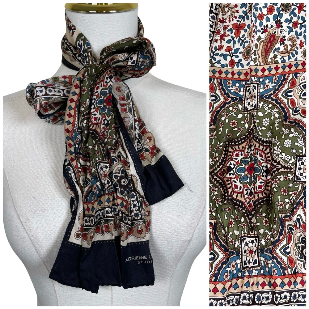Vintage Adrienne Landau Silk Scarf Multicolor Paisley Medallion Print Purse Neck